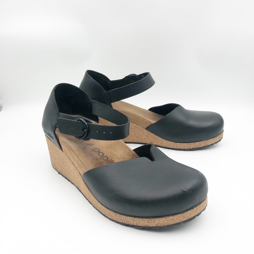 Papillio by Birkenstock Shoes Womens 8 Mary Black Leather Wedge Sandals EU 39